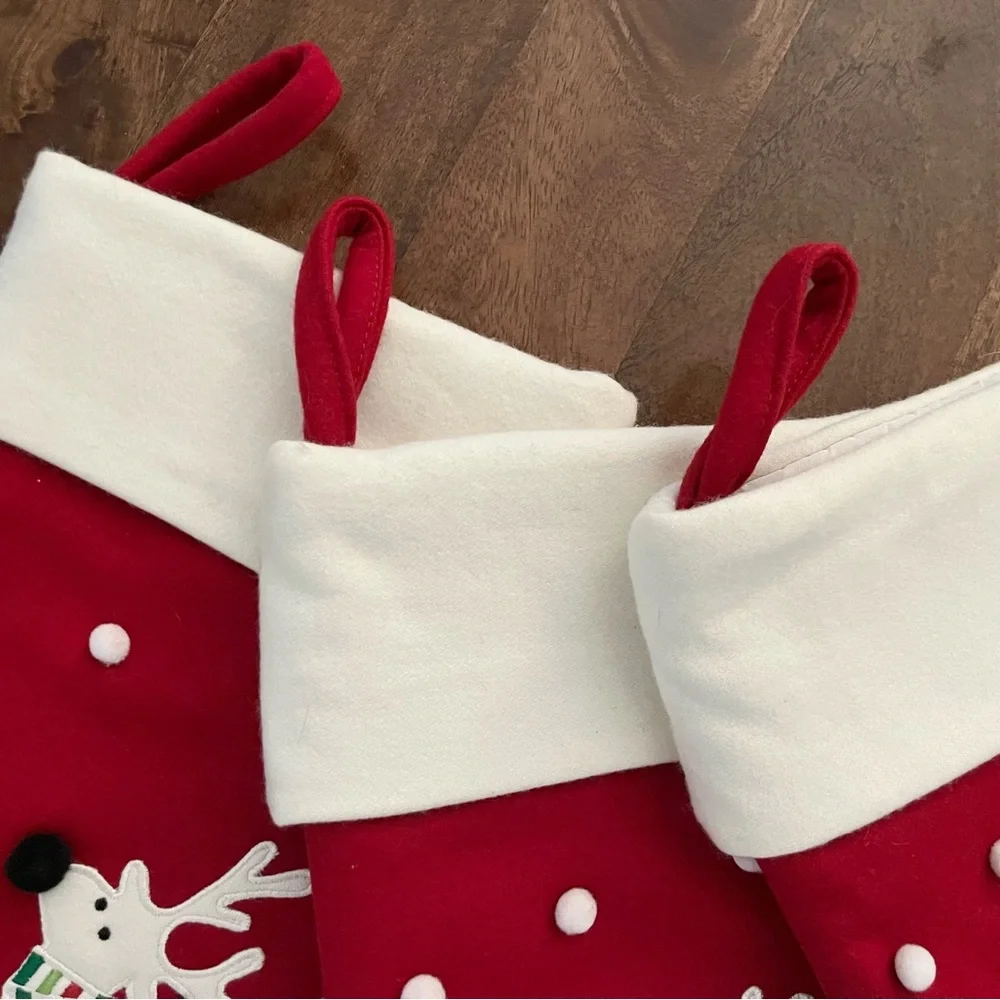 Crate&Barrel Reindeer Red and White Holiday Wool Blend Stockings Set of 3